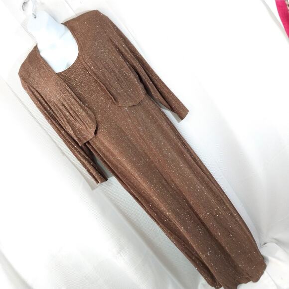 ONYX NITE! TAUPE BROWN SCRUNCHY KNIT W/SILVER METALLIC DRESS/JACKET SET! SZ 18 - Picture 1 of 11